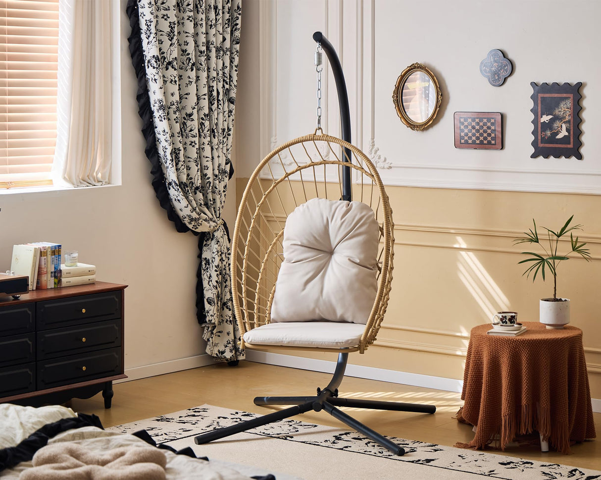 Topfuca Indoor/Outdoor Egg Hanging Chair with Stand - Patio Wicker Swing Hammock Chair. 350lbs Capacity, Cushioned. Ideal for Bedroom, Balcony, Porch, Garden. Versatile Swing Chair for All Spaces Topfuca