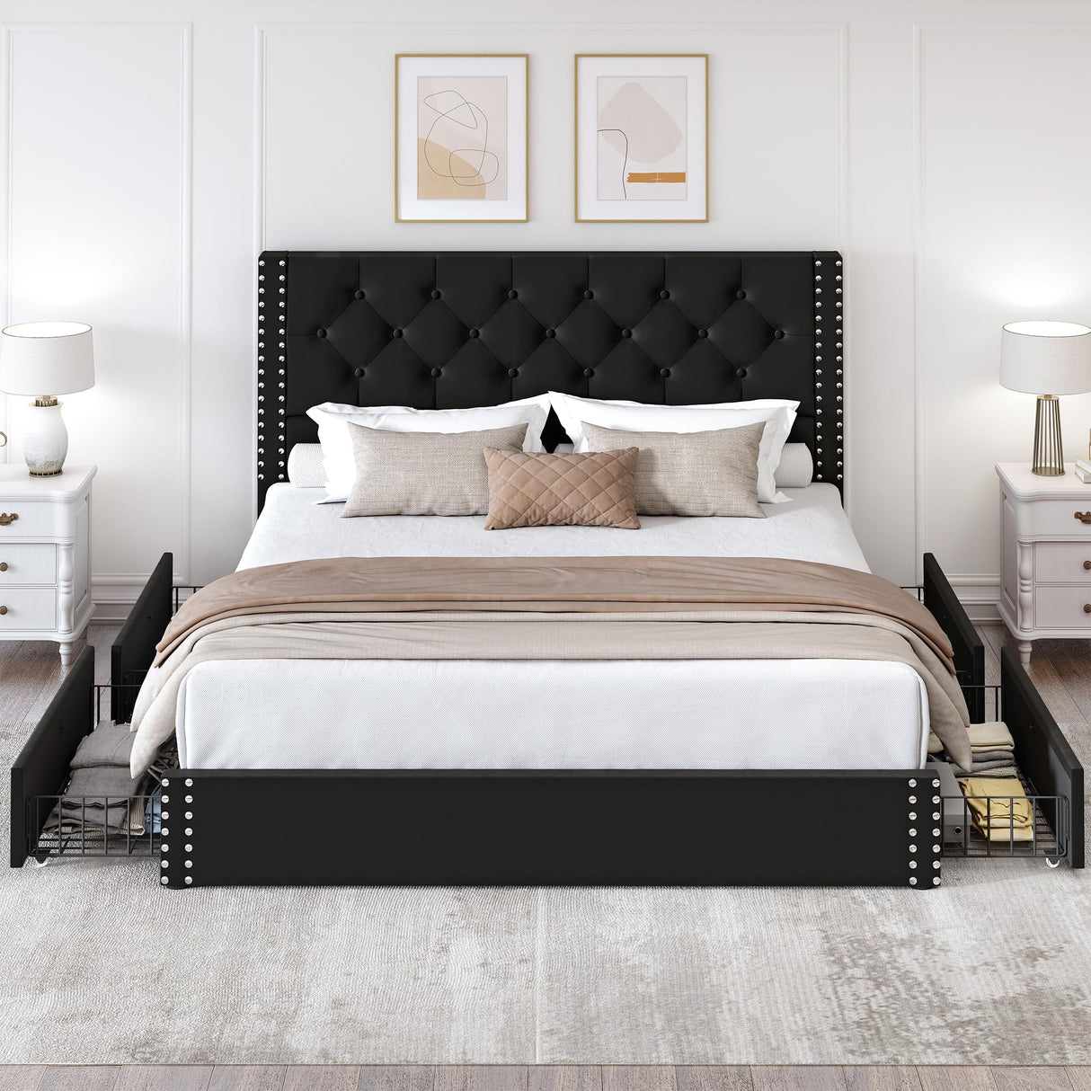LARMACE Full Size Platform Bed Frame with 4 Storage Drawers and Headboard Velvet Upholstered Bed Frame Tufted Beds with Wood Slats Support, Easy Assembly, Noise-Free, Black LARMACE