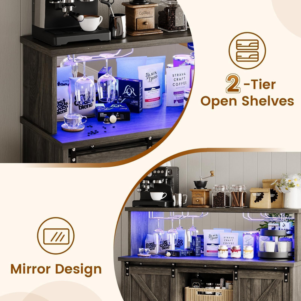 4ever2buy Farmhouse Coffee Bar with LED Lights, 47 inch Coffee Bar Cabinet with Storage, Wine Bar Cabinet with Glass & Wine Racks for Living, Dining Room, Grey 4ever2buy