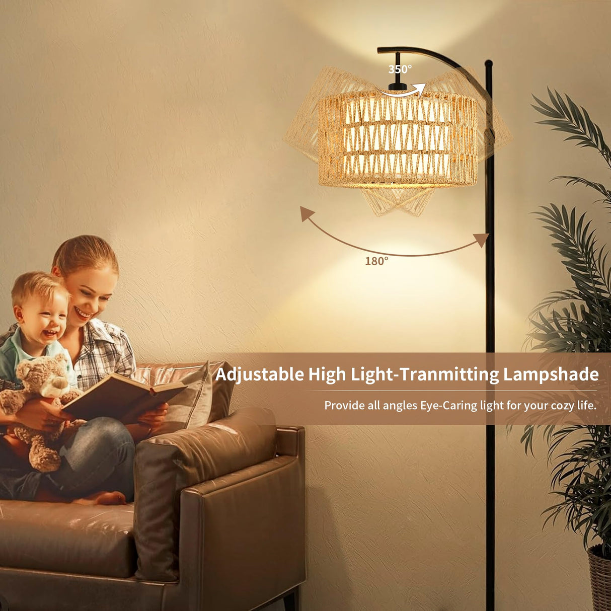 QIYIZM Floor Lamp for Living Room Bedroom with Remote Boho Rattan Arc Standing Lamp Dimmable Black Farmhouse Wicker Bamboo Lamp Shade Floor Light Adjustable Tall Lamp Industrial Floor Lamps Bohemian QIYIZM