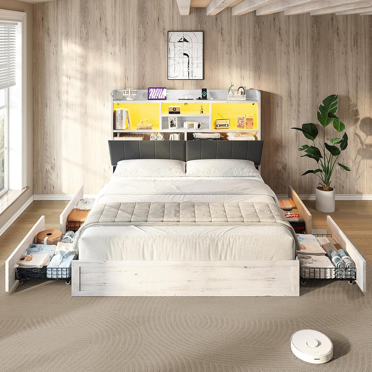 LUXOAK Full LED Bed Frame with Bookcase Headboard and 4 Drawers,Farmhouse Storage Bed with Charging Station & Linen Upholstered, No Box Spring Needed, Distressed White LUXOAK