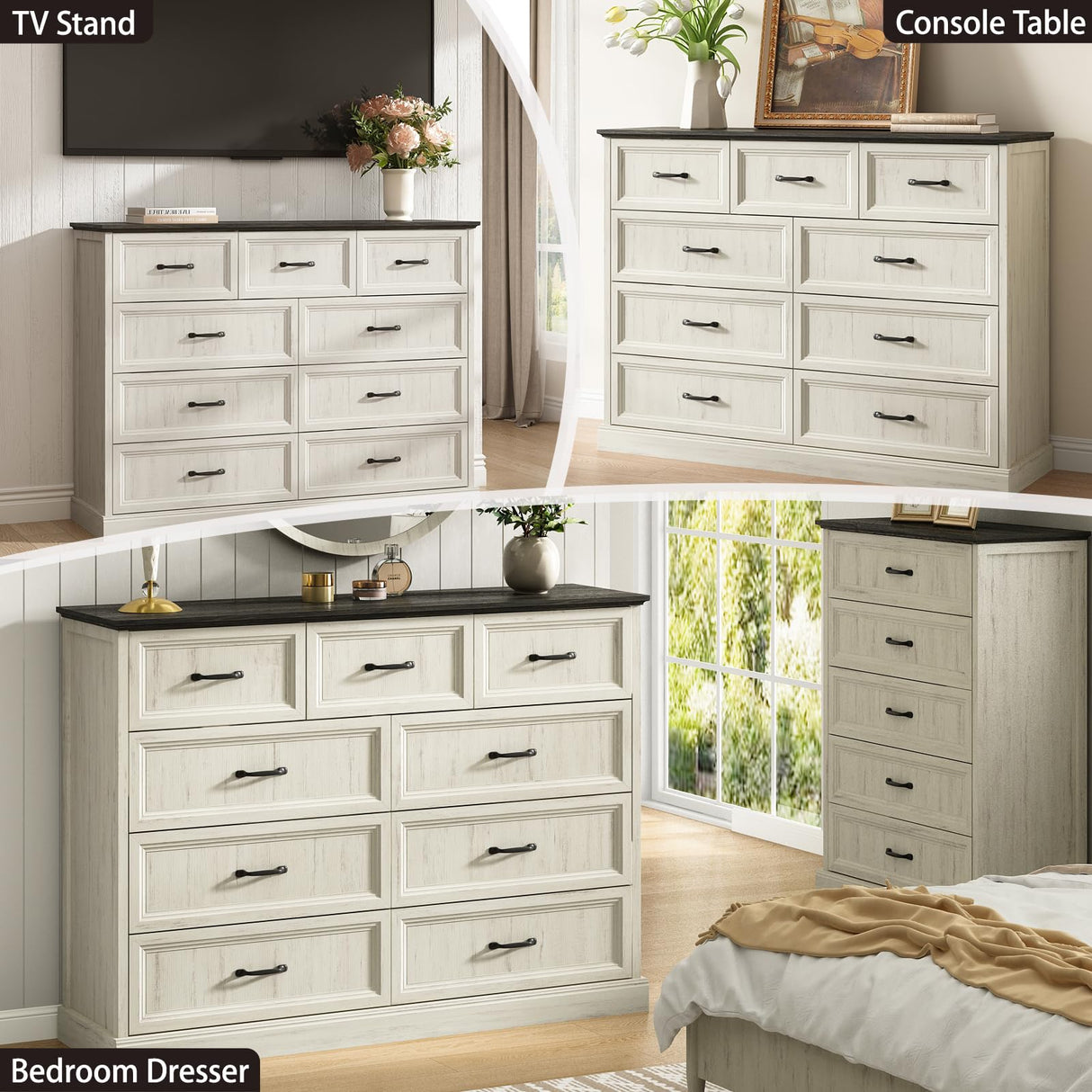 Farmhouse 9 Drawer Dresser for Bedroom, 55 Inch Wide Modern White Dresser TV Stand with Large Drawers & Bar Handles, Rustic Wood Chest of Drawers for Bedroom, Living Room, Hallway, Entryway. CARPETNAL