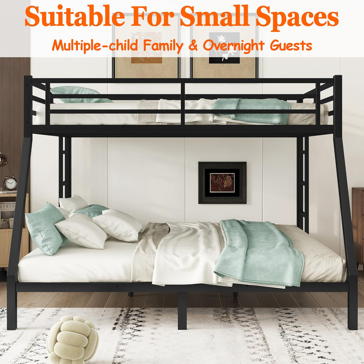 Thctvous Queen Over King Bunk Bed,Heavy-Duty Metal Bunk Bed Frame for Adults Teen Kids,2 Side Ladder,Guardrail,Space-Saving,Noise Reduced,No Box Spring Needed,Black (Queen Over King) Thctvous