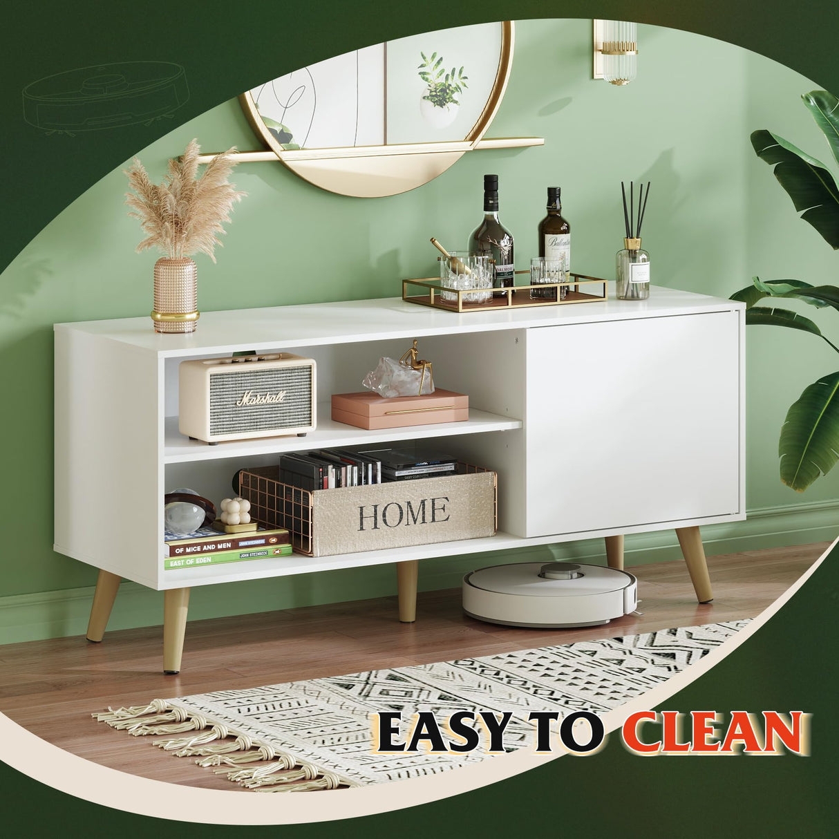 WLIVE TV Stand for 55 Inch TVs, Entertainment Center with Storage Cabinet, Mid-Century TV Stands for Living Room and Bedroom, 50" TV Console, White WLIVE