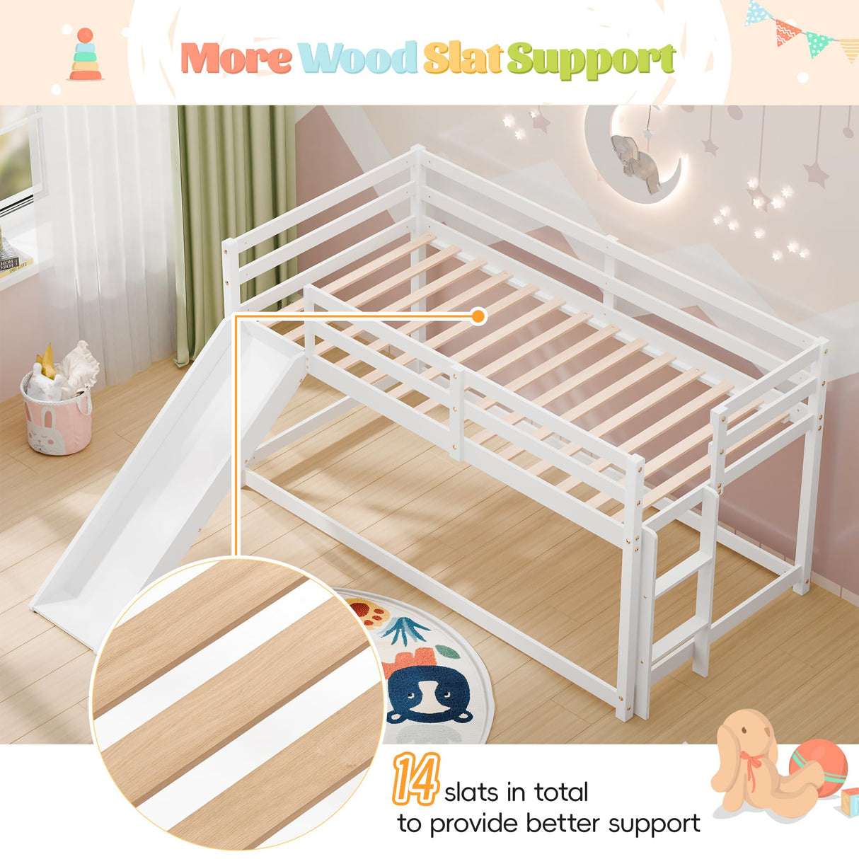 MU Twin Bunk Bed with Slide, Wood Low Bunk Bed Frame with Climbing Ladder & Safety Guard Rail, Floor Loft Bed with Lower Storage Space for Kids Toddler, White MU