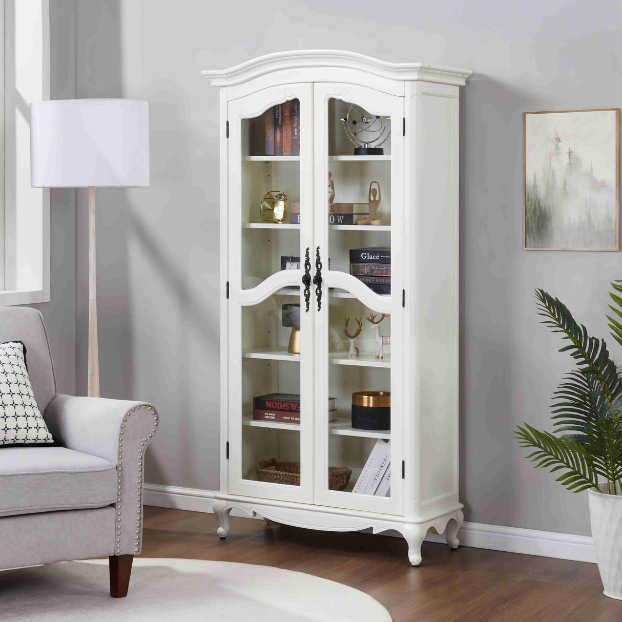 Farmhouse Arched Display Cabinet Bookcase Bookshelf with Glass Doors and Adjustable Shelves, 72" Tall 6 Tiers French Country-Inspired Wooden Curio Cabinet for Living Room, Office (Antique White) ZESTO PASSION FOR LIVE