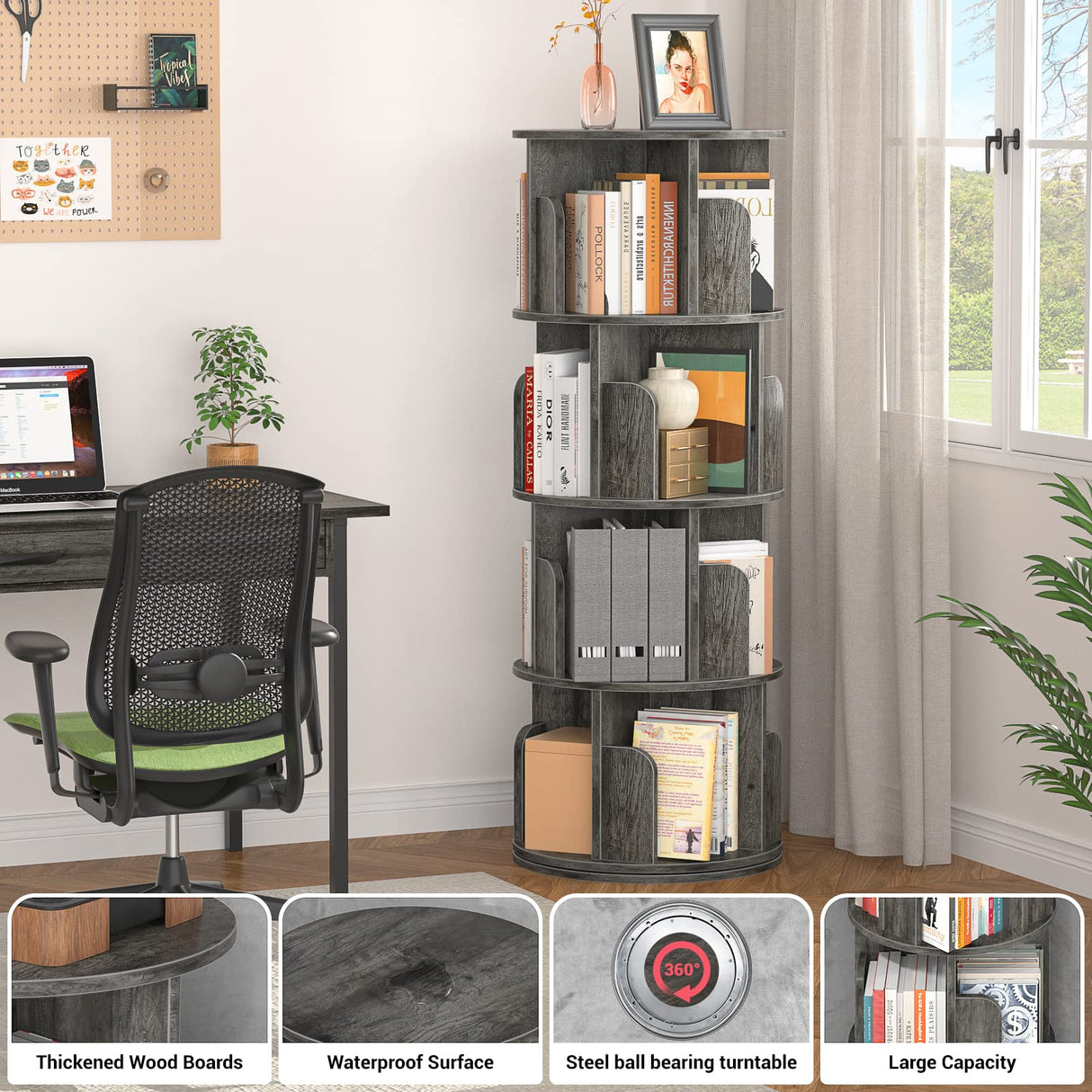 Aheaplus 360° Rotating 4-Tier Corner Bookshelf - Space-Saving Black Bookcase for Small Rooms Aheaplus