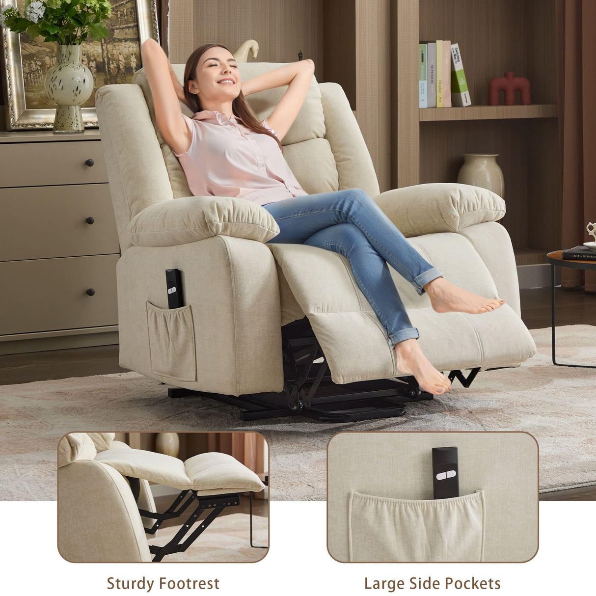 Korser Oversized Power Lift Recliner for Elderly, Electric Recliner Chairs with Massage and Heat, Extra Wide Recliner with Side Pockets, Reclining Chair for Living Room (Cashmere, Beige) Korser
