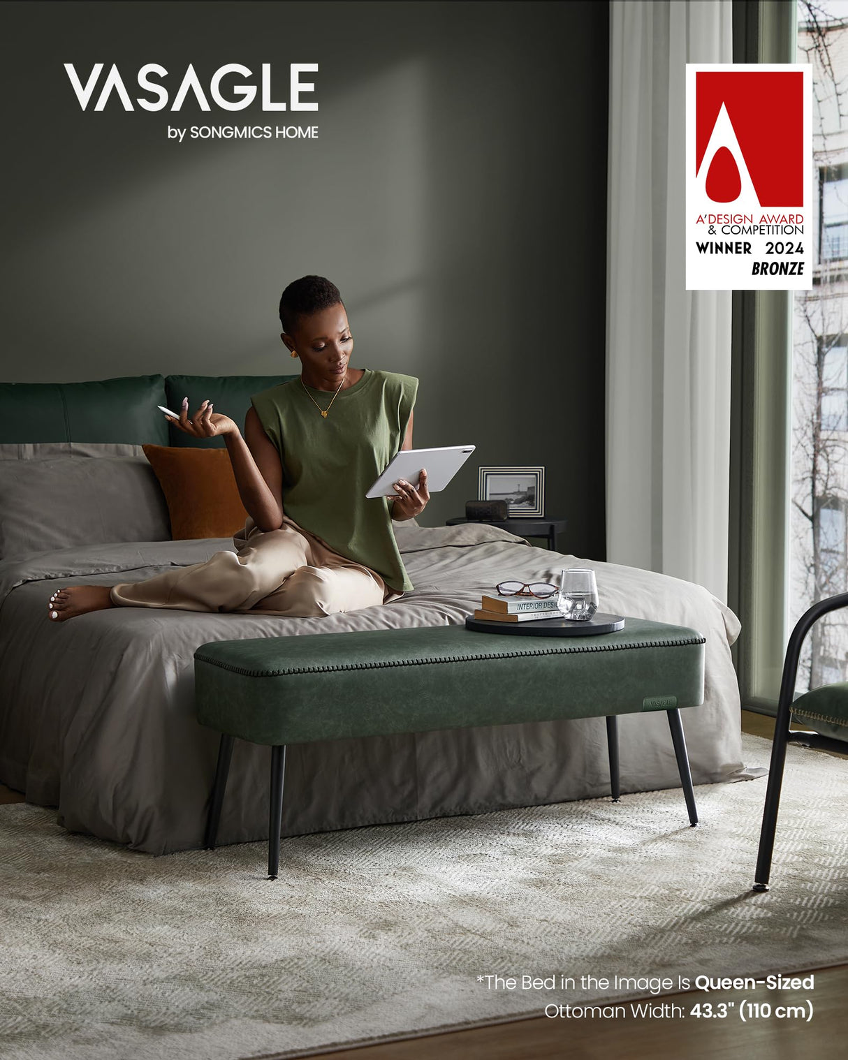 VASAGLE EKHO Collection - Bench for Entryway Bedroom, Synthetic Leather with Stitching, Ottoman Bench with Steel Legs, Living Dining Room, Mid-Century Modern, Loads 660 lb, Forest Green ULOM076C01 VASAGLE