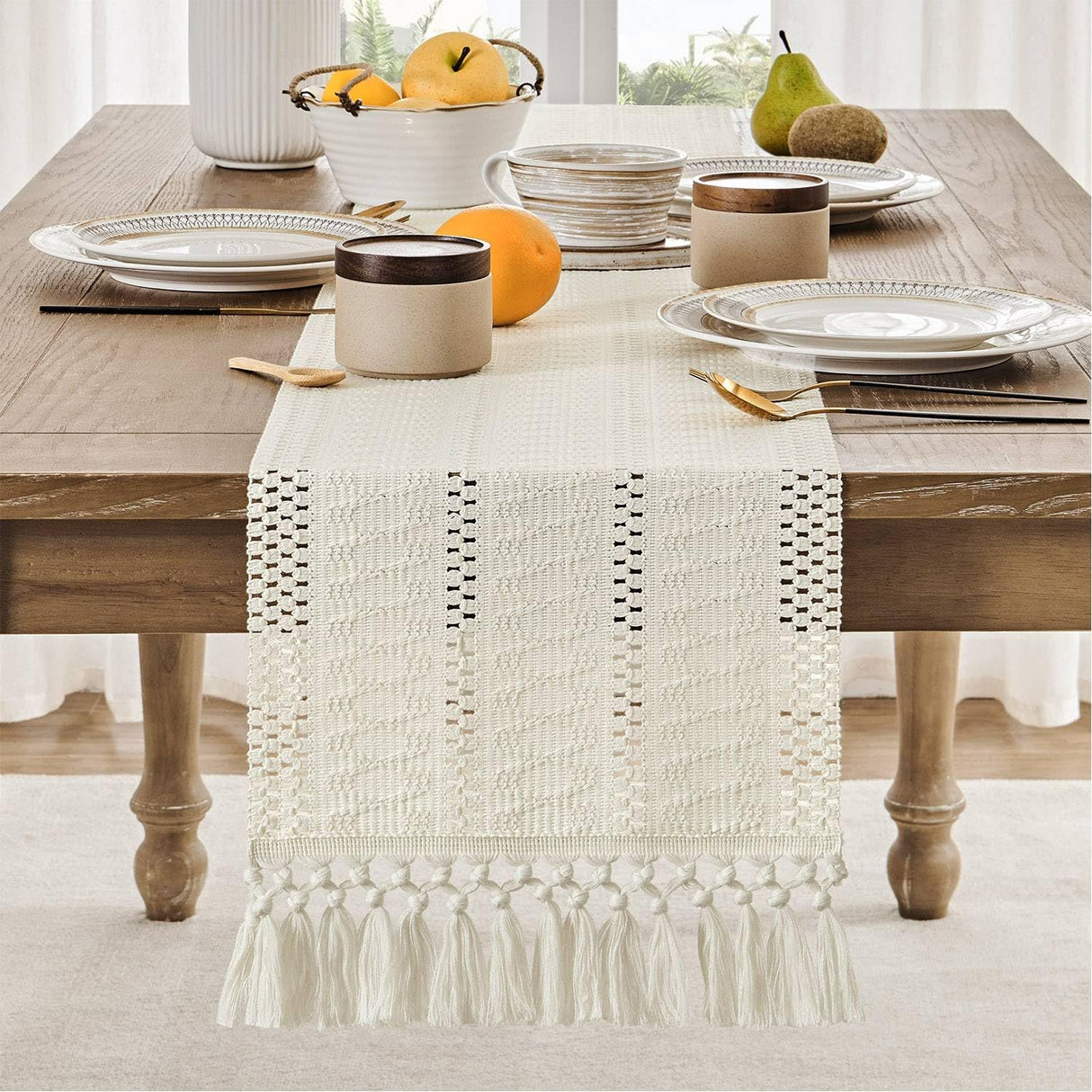 ZeeMart Macrame Style Boho Table Runner, Ivory Table Runners 72 Inches Long, Farmhouse Woven Home Decor, 12x72 Inch, Ivory ZeeMart