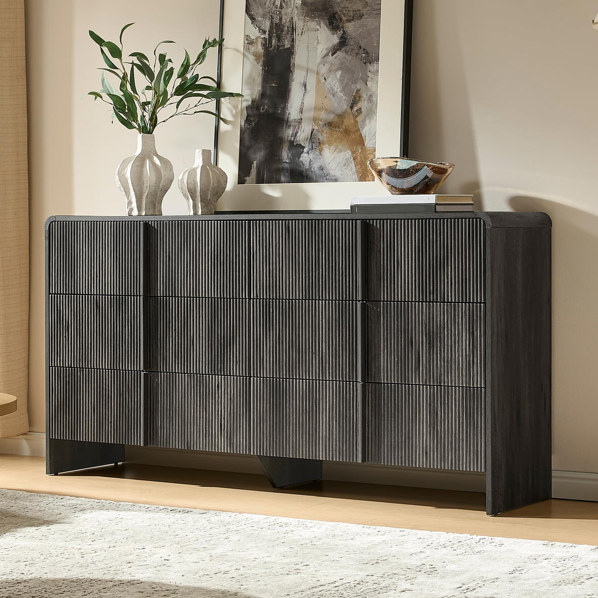 AMERLIFE 63" Fluted 6 Drawer Dresser, Long Modern Chest of Storage Drawers with Pine Handles, Rounded Corners & Anti-Tip Design, Wood Closet Organizer for Bedroom, Living Room, Nursery, Black AMERLIFE