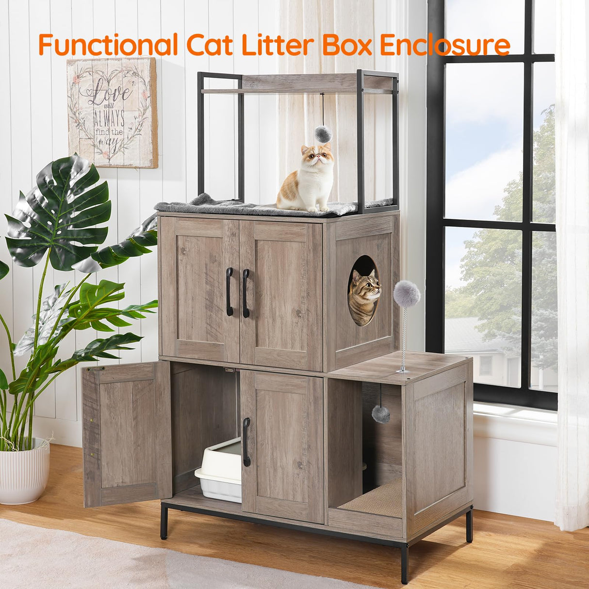HOOBRO Cat Litter Box Enclosure Furniture, 2 in 1 Hidden Litter Box Furniture with Shelf, Double Litter Box Cabinet with 2 Danging Plush Balls and 1 Toy Ball, Greige and Black BG78MW01 HOOBRO