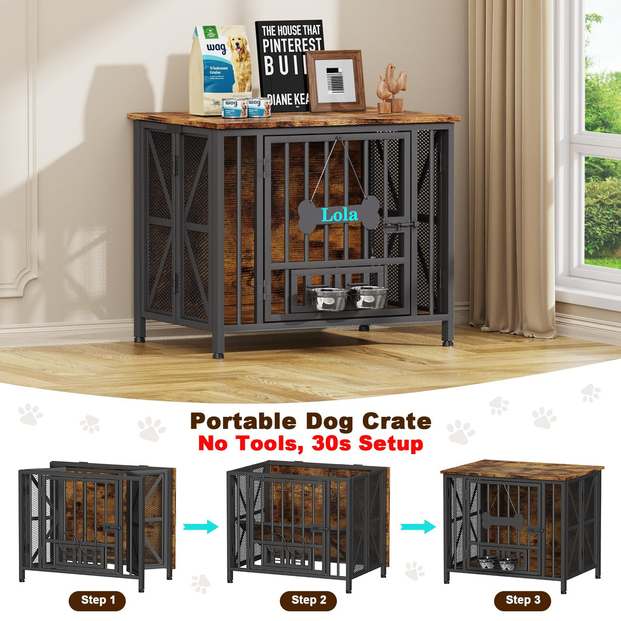Easycom Dog Crate Furniture, 31.5" Assembly-Free Dog Crates for Small & Medium Dogs, Foldable Dog Kennel Indoor with Tag & Adjustable Dog Bowls, Wooden Dog Cage Use as End Table, Rustic Brown EasyCom