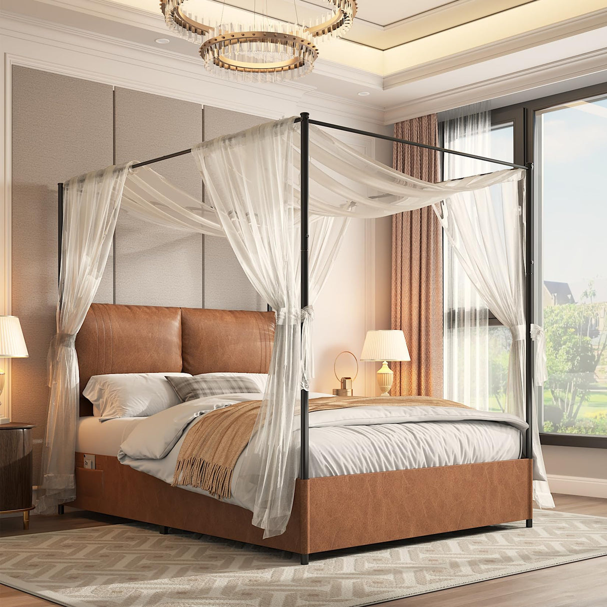 Canopy Bed Frame Queen Size with Upholstered Headboard, Tall Four Poster Metal Platform Bed, Easy to Assemble, No Box Spring Needed, Brown QNICE