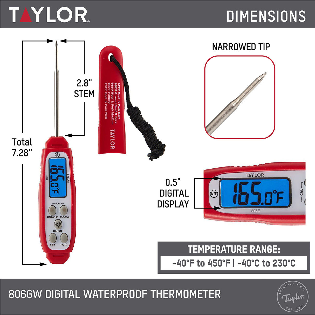 Taylor Digital Waterproof Thermometer with Bright Blue Backlight for Kitchen, Meat, Food, Grill, BBQ Cooking, Red, Standard,(806GW) Taylor