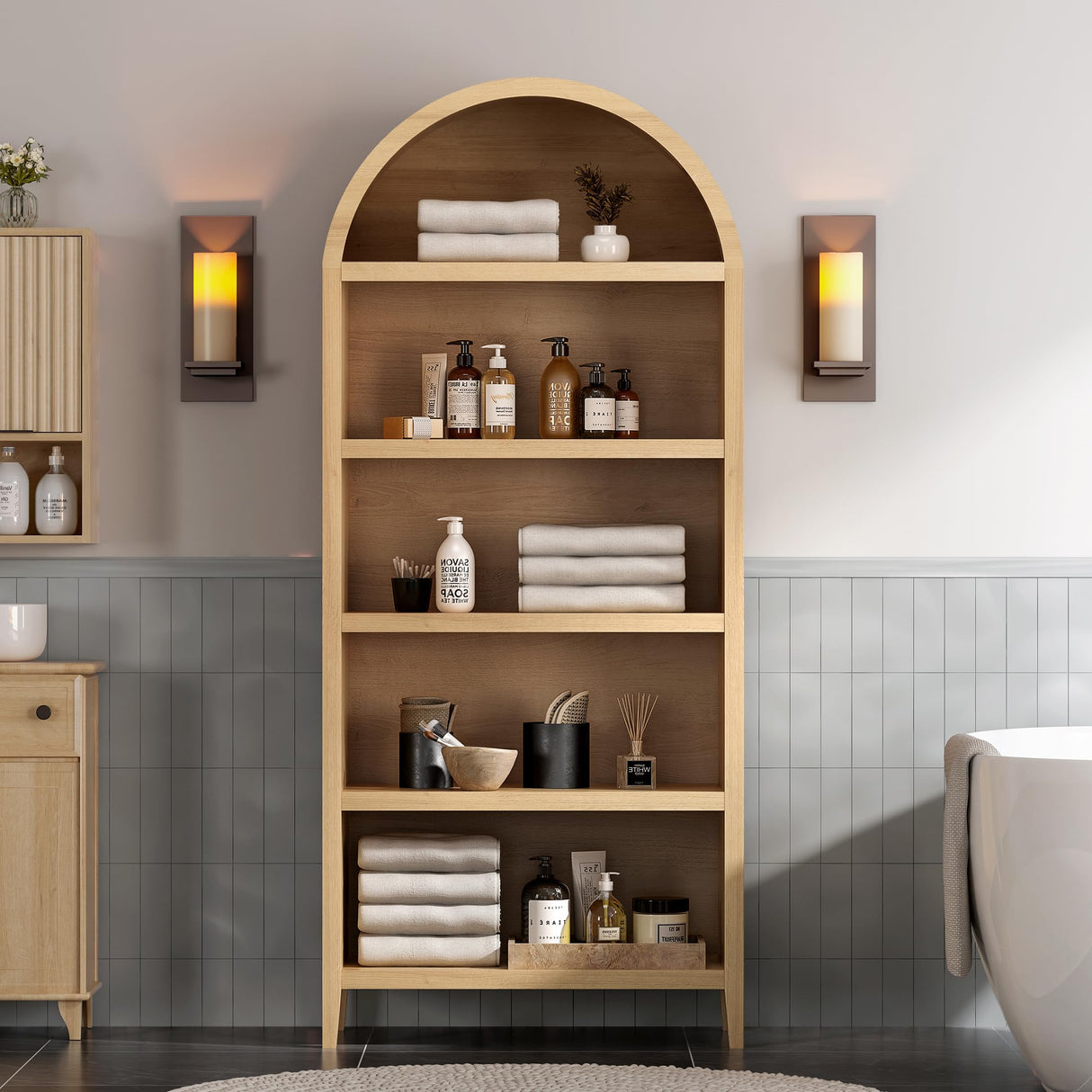 MoomJiee 71" Tall Arched Bookshelf, 5-Tier Farmhouse Large Open Display Cabinet, 71" Modern Wood Bookcase with Adjustable Shelves Organizer Rack Large Kitchen Pantry Storage Cabinet Natural Oak MoomJiee