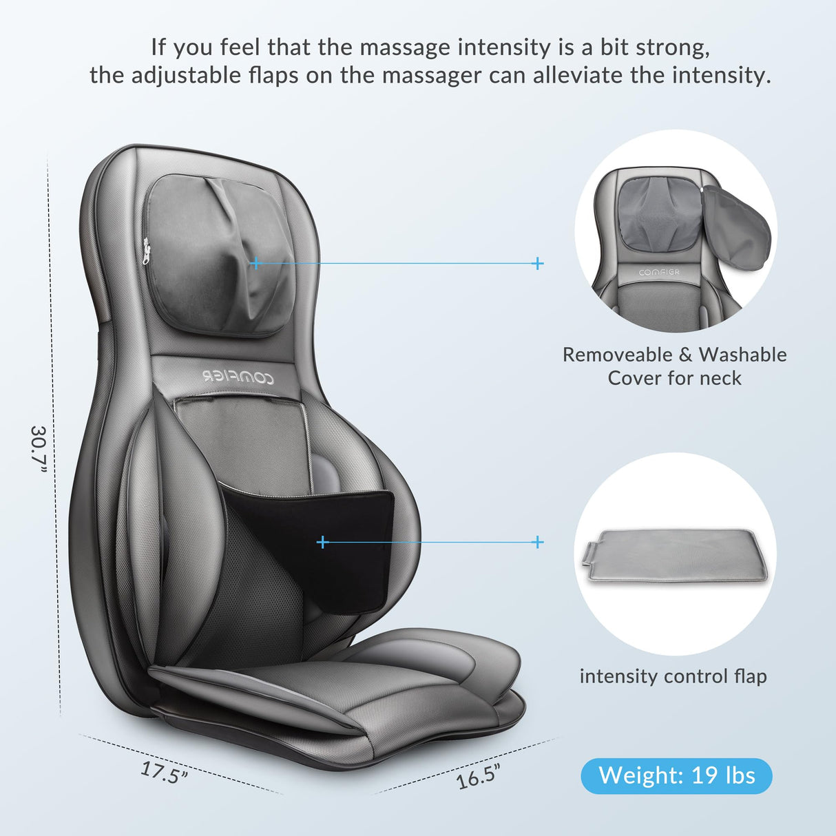 COMFIER Massager Chair with Heat, Shiatsu Neck Back Massager Portable with Compress & Rolling,Massage Chair Pad for Full Back,Neck,Full Body Pain, Gray COMFIER