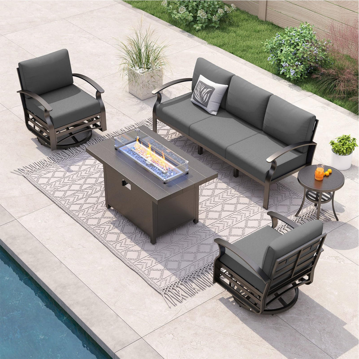 ALAULM Aluminum Patio Furniture Set with Propane Fire Pit Table 5-seat Metal Outdoor Furniture w/Fire Pit Patio Sectional Sofas w/5.2" Cushions for Patio, Backyard, Poolside-Grey ALAULM