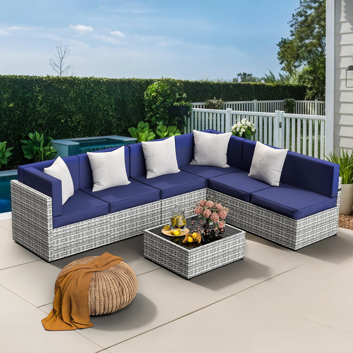 Pamapic 7 Piece Outdoor Sectional Sofa Set, All-Weather Patio Furniture with Washable Cushions, Waterproof Gray Rattan Wicker Conversation Set for Backyard, Poolside, Garden (Navy Blue Cushions) Pamapic