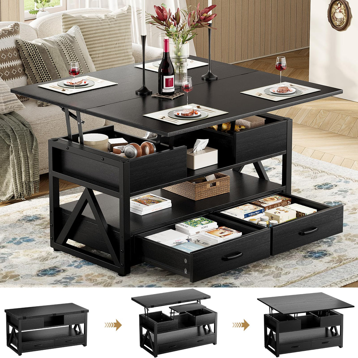 Memobarco 40" Lift Top Coffee Table,4 in 1 Multi-Function Lift Coffee Tables with Storage Drawers and Hidden Compartmen,Farmhouse Coffee Table with Lifting top for Living Room,Black Memobarco