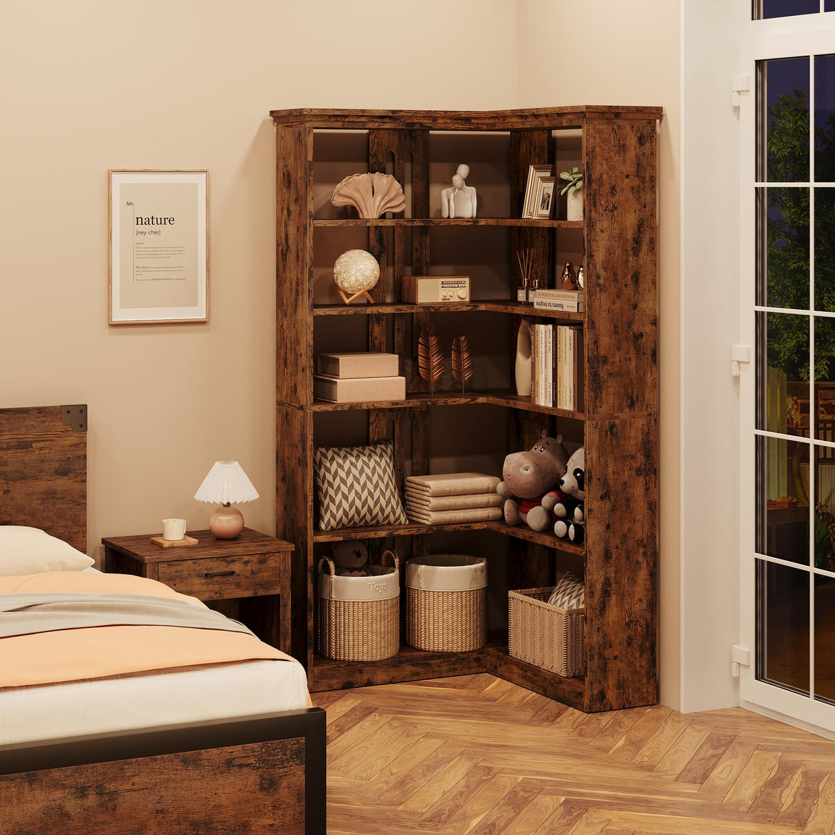 IDEALHOUSE Corner Bookshelf 72.8in Farmhouse Bookcase Large Bookshelf Wood Bookcase Tall 5 Tier Corner Shelf L Shaped Bookshelf Storage Display Rack Living Room Bedroom (Retro, Half Panel) IDEALHOUSE