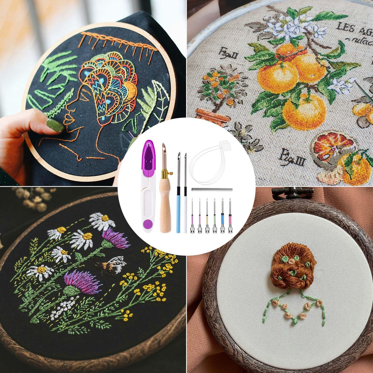 13pcs Punch Needle Kits, Adjustable Complete Punch Needle Tool Set Wooden Handle Embroidery Pen Include Punch Needles and and Threaders for Adults Beginner Floss Cross Stitching Sewing Craft Supplies NQEUEPN