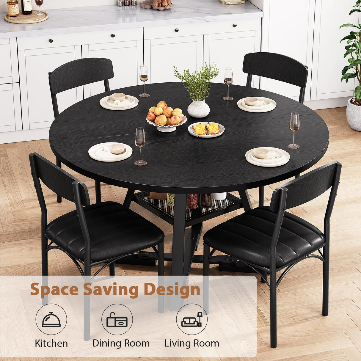 Round Dining Table Set for 4, Kitchen Table and Chairs for 4, Circle Table Round Pedestal Dining Room Dinner Dinette Table Set,5 Piece Space Saving Wood Kitchen & Dining Room Tables (Black, 47In) Jocoevol