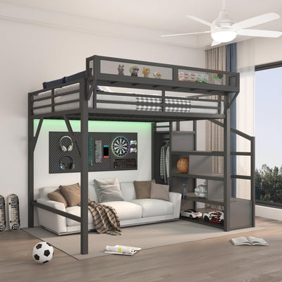 KALALLA Queen Size Loft Bed with Convertible Stairs and LED, USB Ports, Heavy-Duty Metal Loft Bunker Bed with Storage Shelves Integrated Wardrobe for Kids Boys Adults, Black Woodgrain