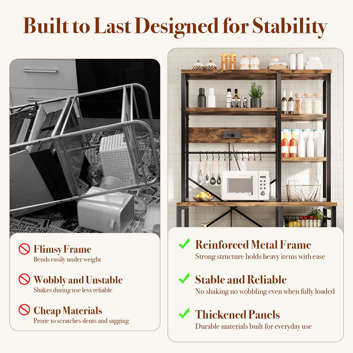 GRUSIGN Kitchen Bakers Rack with Storage, 6-Tier Coffee Bar Station with Power Outlet, Microwave Stand with 12 S-Shaped Hooks, Open Kitchen Storage Shelves for Spices, Pots and Pans, Rustic Brown GRUSIGN