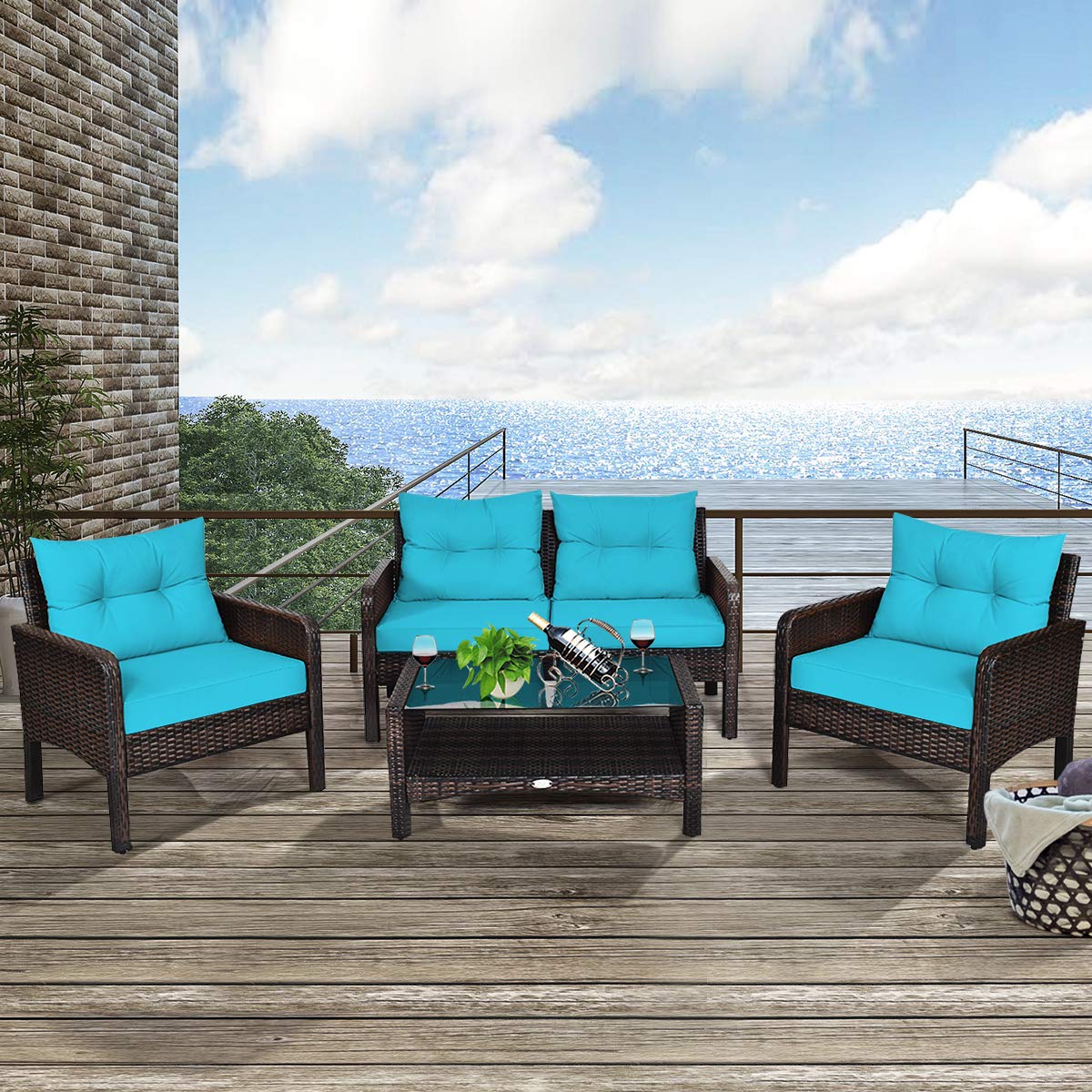 Tangkula 4 Piece Patio Furniture Set, Outdoor Wicker Conversation Set with Glass Top Coffee Table, All Weather Proof and Thick Cushions, Suitable for Porch, Garden, Poolside and Lawn (Turquoise) Tangkula