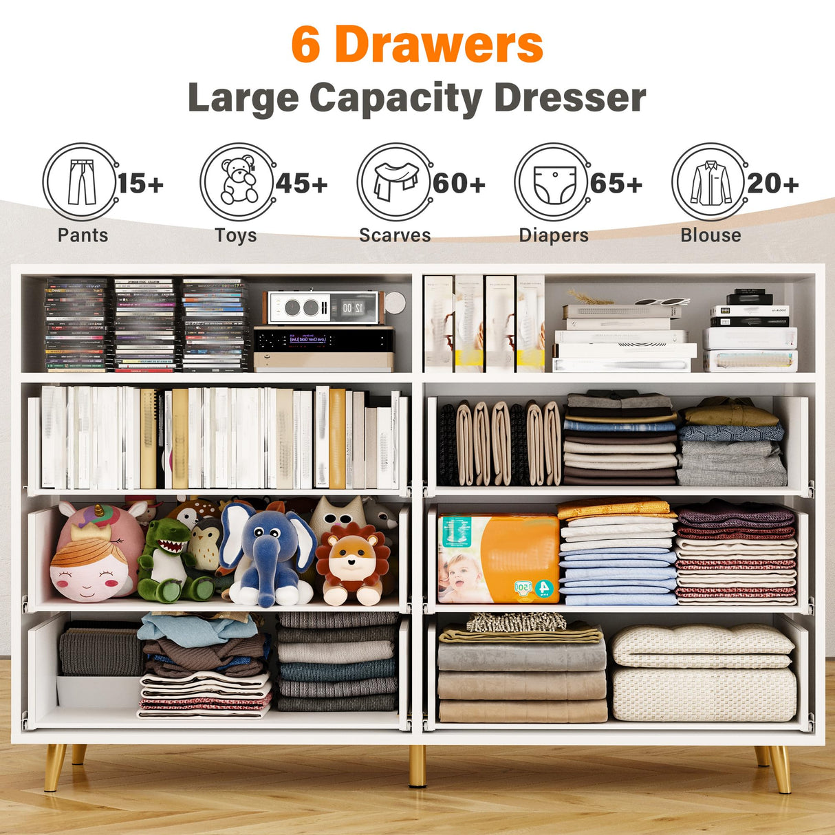 EnHomee Wooden Dresser for Bedroom with LED Lights, 47.3" W White Dresser for Bedroom, 6 Drawer Dresser TV Stand, Modern Dresser with Large Organizer for Bedroom, Living Room, Hallway, White EnHomee