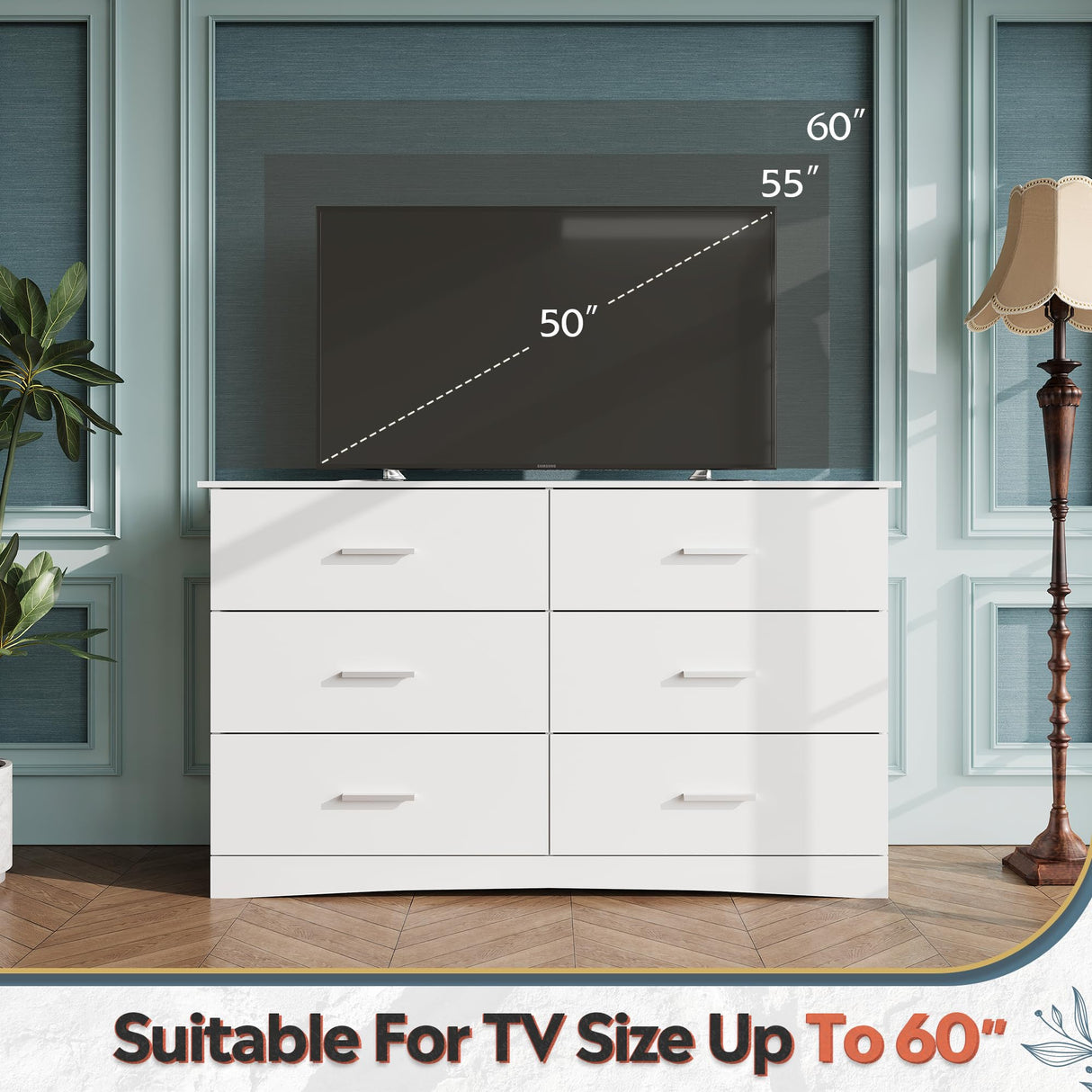 WLIVE Wood Dresser for Bedroom, Wide Chest of Drawers with 6 Drawers, Large White Storage Tower Unit, Modern Minimalist Closet Store Organizer for Living Room, Hallway WLIVE