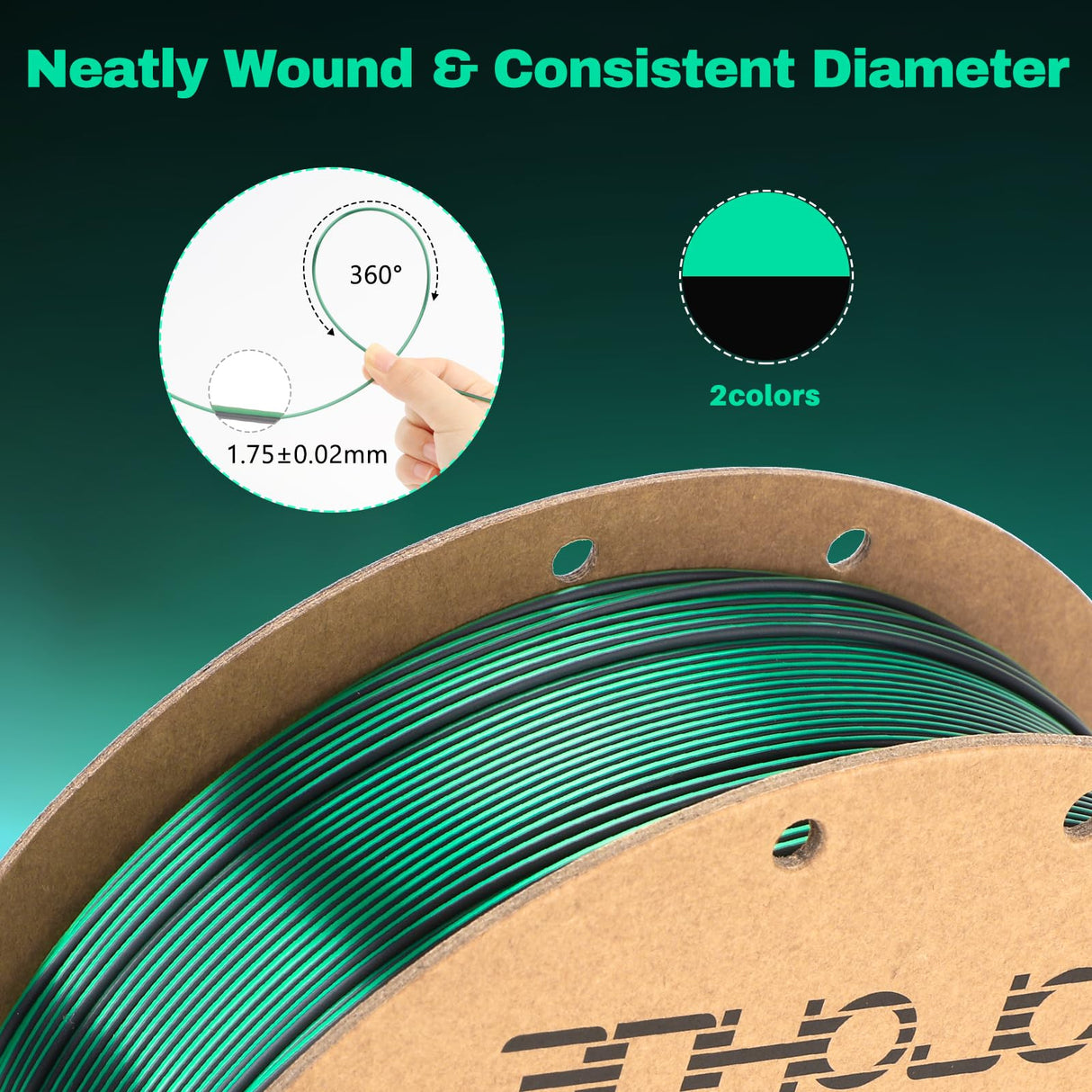 3DHoJor Silk PLA Filament 1.75mm Black Green Dual Color PLA 3D Printer Filament 2 in 1 Coextrusion 1KG Spool(2.2lbs) 3D Printing Filament Dimensional Accuracy +/- 0.03mm Fits for Most FDM 3D Printers 3DHoJor