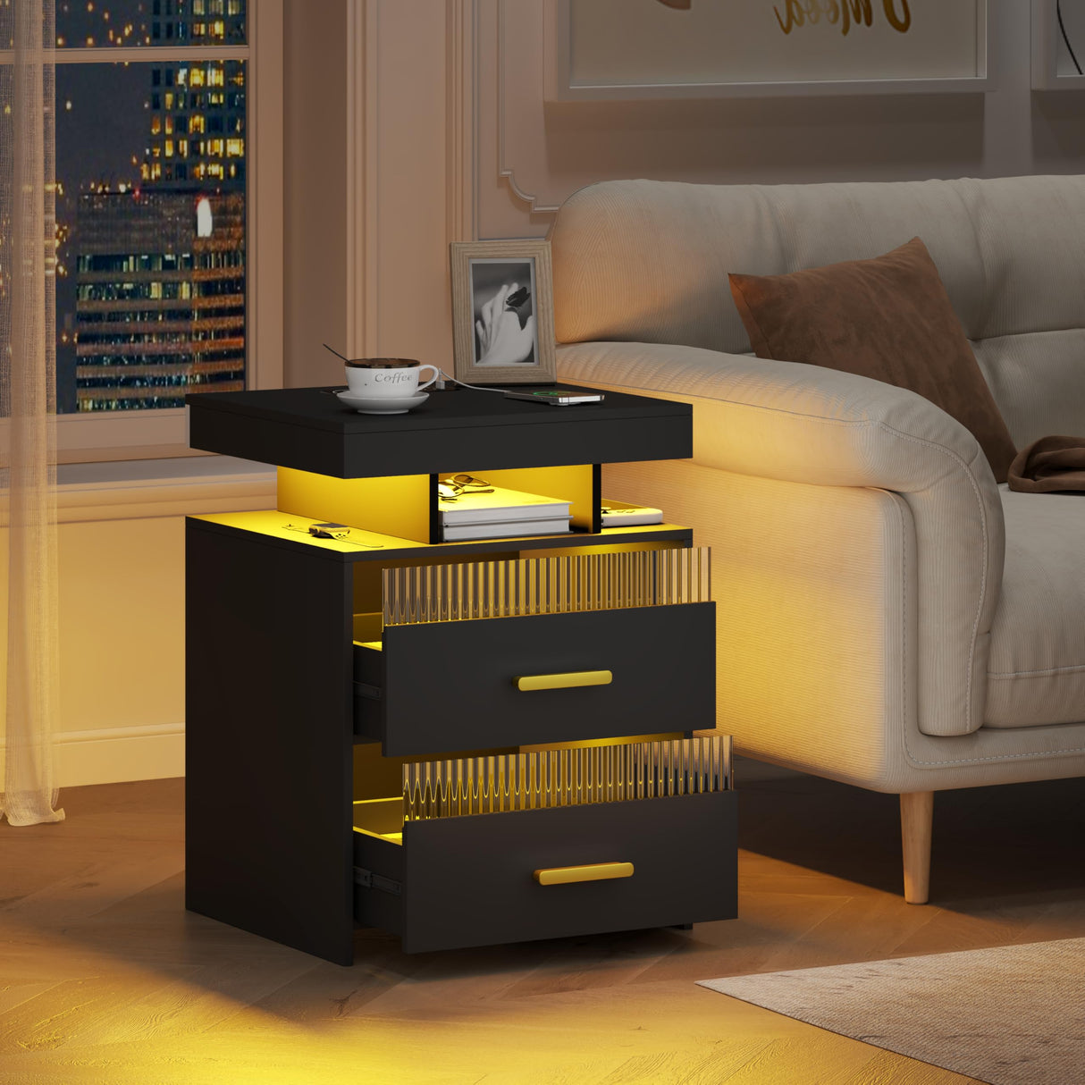 Nightstand with Charging Station and LED Lights, Night Stand with 2 Drawers, Wood Smart Bedside Table, Modern Bed Side Table for Bedroom, Black QPLZF