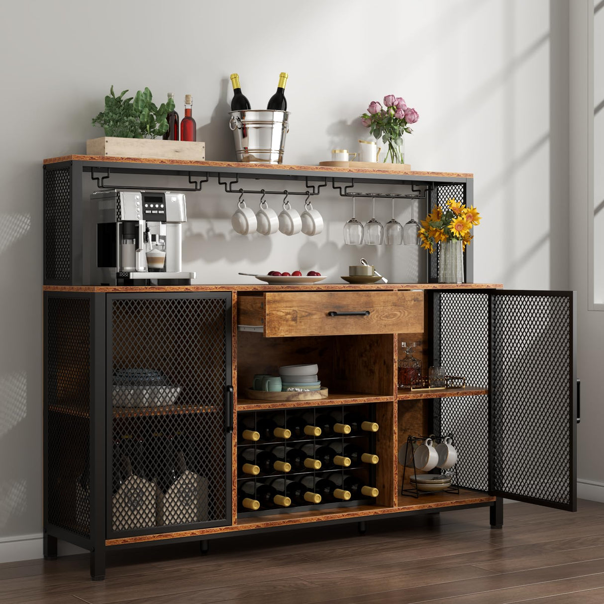 Gyfimoie Wine Bar Cabinet with Drawer, LED 55 Inches Industry Coffee Bar Cabinet with Wine Rack and Glass Goblet Holder, Kitchen Sideboard Buffet Cabinet for Liquor and Goblet Gyfimoie