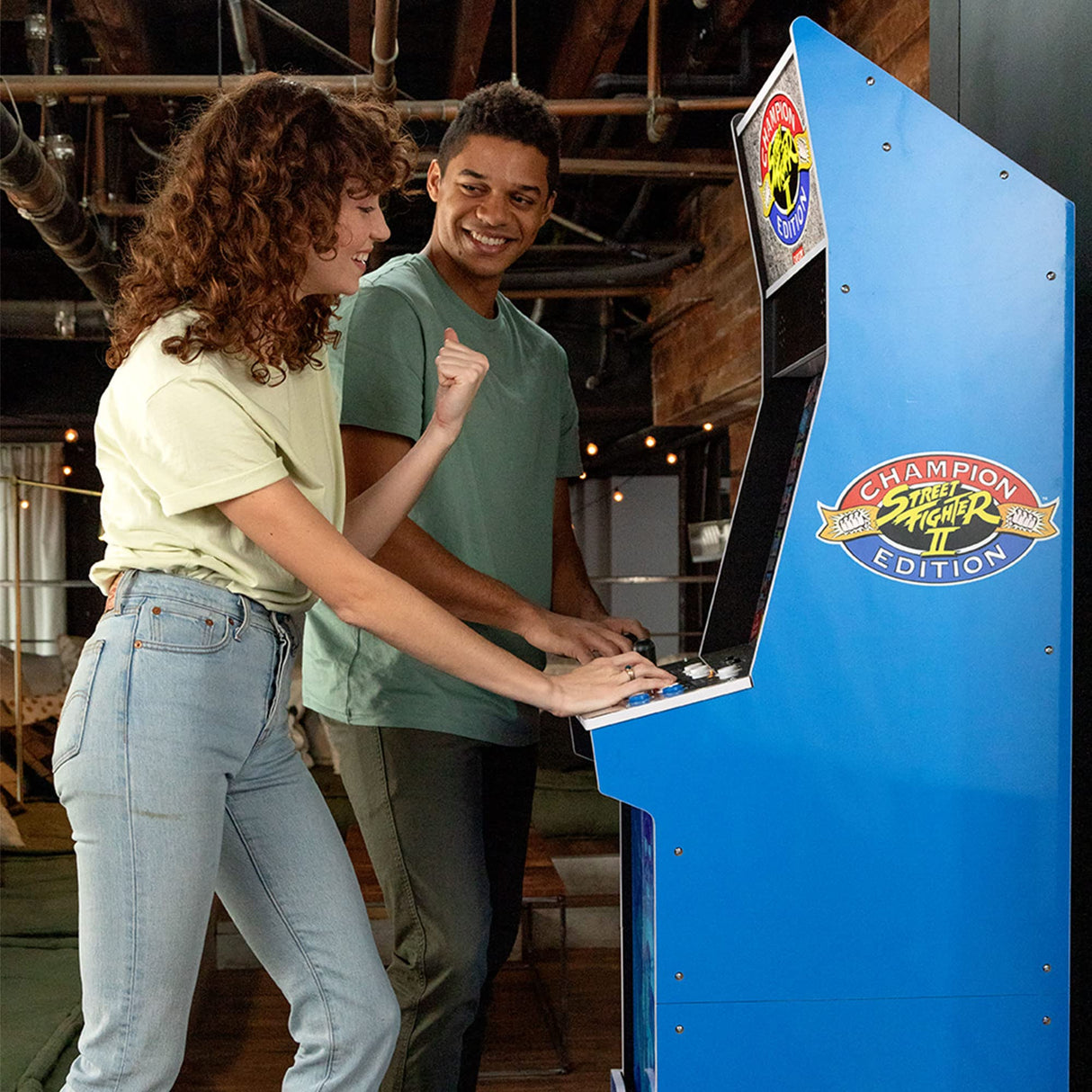 Arcade1Up Street Fighter II Champion Edition Big Blue Cabinet Style Arcade Machine w/ 12 Games, Coinless Operation, Light-Up Marquee, WiFi, and Stool ARCADE1UP