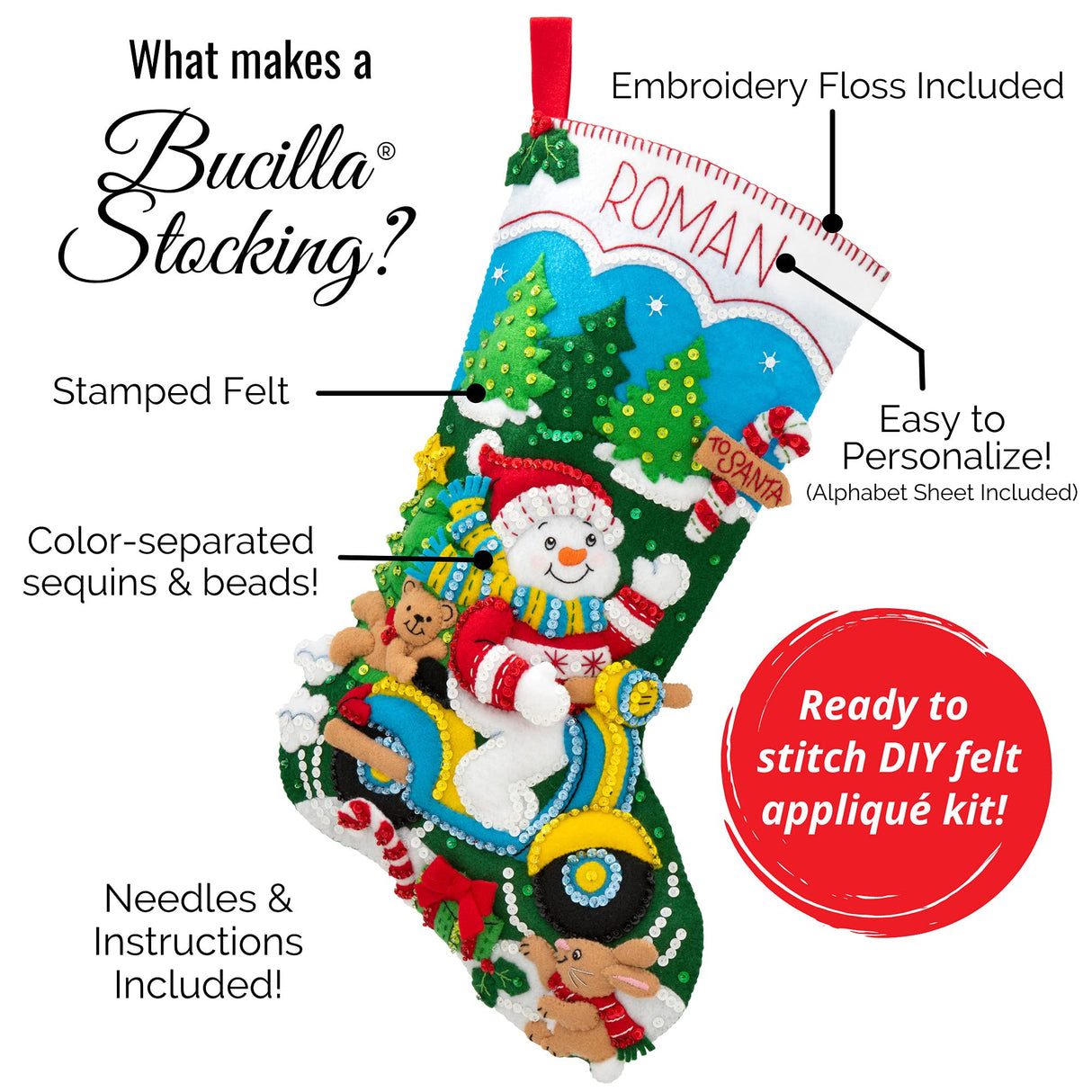Bucilla, Santa's Gathering, Felt Applique Christmas Stocking, 18" Bucilla
