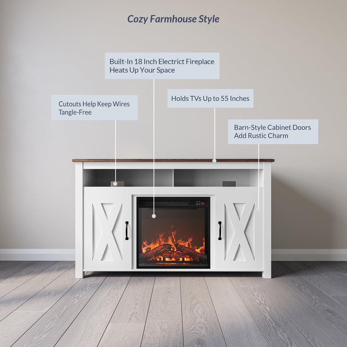 BELLEZE Modern 48" Barn Door Wood TV Stand with 18" Electric Fireplace Heater & Media Entertainment Center Console Table for TV up to 50" with Two Open Shelves and Cabinets - Corin (White) BELLEZE