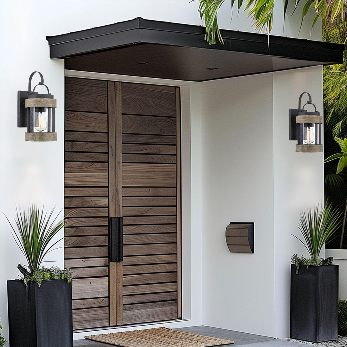 Kira Home Rochester 14" Modern Indoor Outdoor Wall Sconce + Cylinder Glass Shade, Weathered Oak Wood Style + Textured Black Finish Kira Home