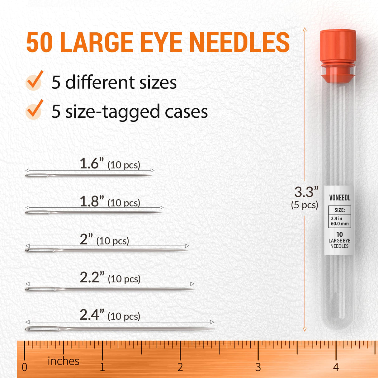 VONEEDL 50 PCS Large Eye Sturdy Hand Sewing Needles - Easy to Thread Embroidery Needles - Big Eye Cross Stitch, Quilting, Crewel, Darning, Crafting Needles VONEEDL