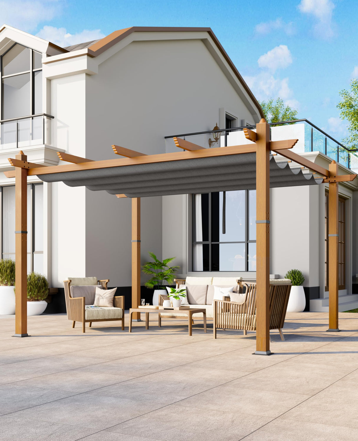 Agrestem 10x13 Ft Retractable Outdoor Pergola with Canopy, Upgraded Wood-Grain Aluminum Pergola, Modern Pavilion for Backyard, Patio, Porch, Grape Trellis, Gray Agrestem