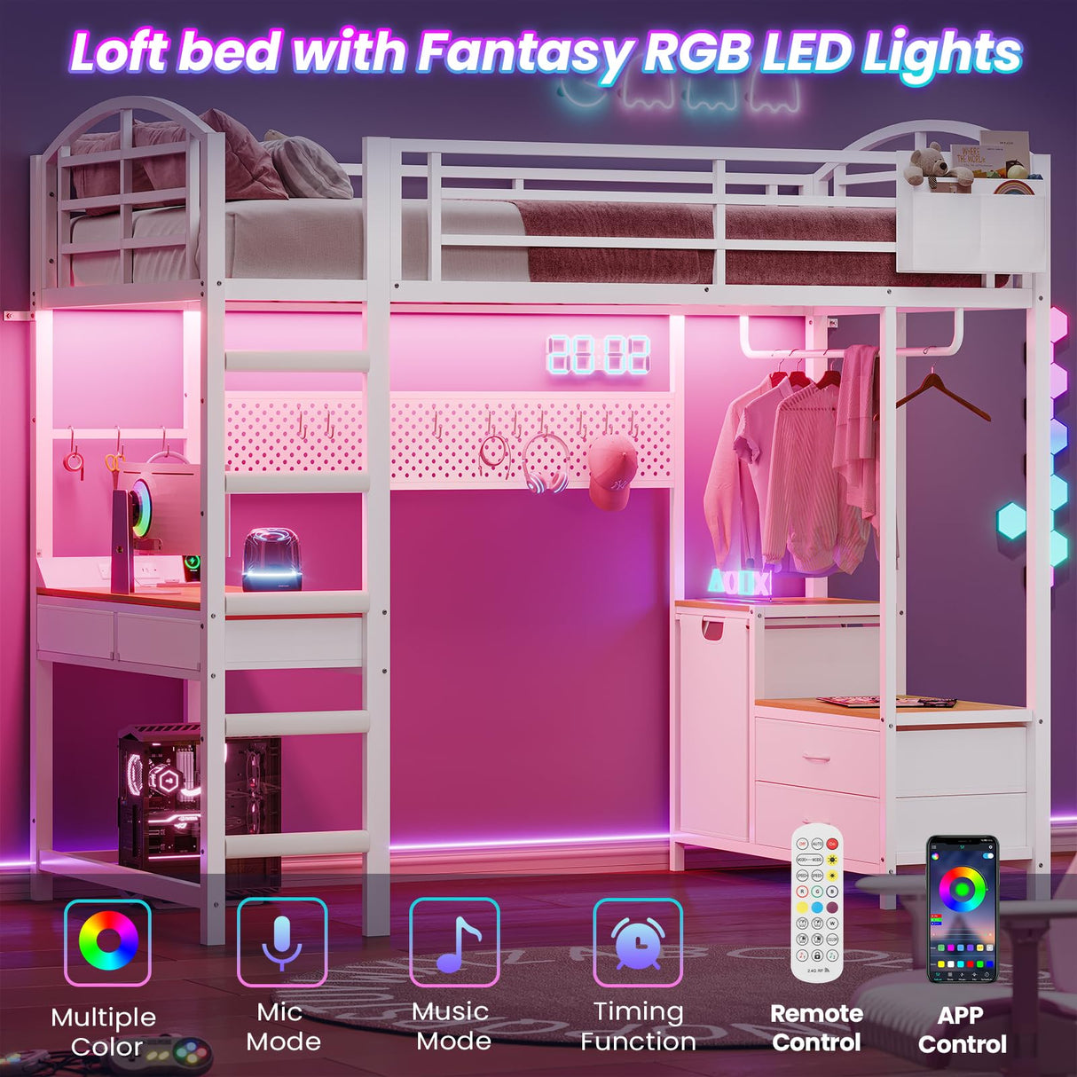 UPOSOJA Loft Bed Twin Size with Desk,4 Drawers,Power Outlet and LED Lighted,Cloth Rack,1 Storage Hamper,45.3" Pegboard with Hooks,No Box Spring Needed,Space-Saving,Noise Free (White) UPOSOJA