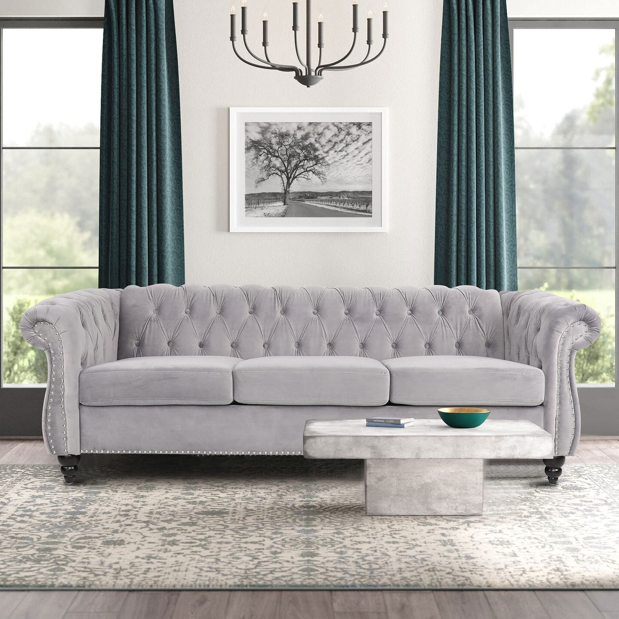 ONCIN Velvet Chesterfield Sofa, 84'' Modern Tufted 3 Seater Couch with Scroll Arms and Wood Legs for Living Room Bedroom (Gray), Grey Velvet, 84 In Chesterfield Sofa ONCIN