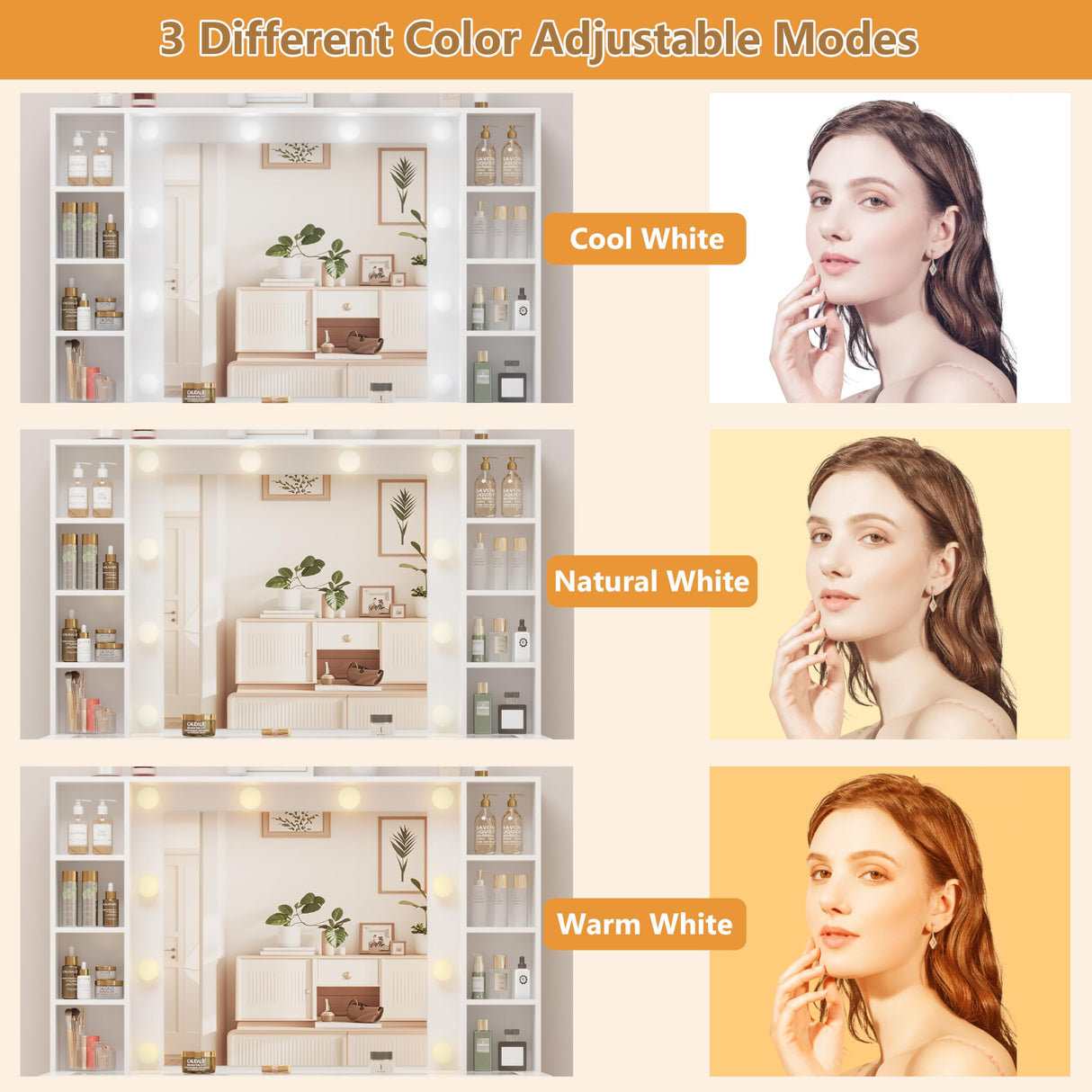 HUANLEGO White Vanity Desk with Mirror and Lights, Glass Top Vanity with Lighted Mirror & RGB Glass Cabinet and 3 Drawers, Makeup Vanity Desk with Lights Dressing Table for Bedroom, 3 Color Modes HUANLEGO