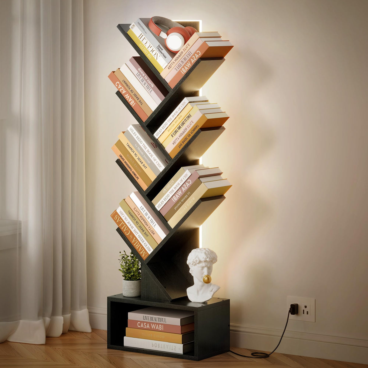 Hoctieon 6 Tier Tree Bookshelf, Tall Bookcase with Drawer, Freestanding Book Shelf with LED Lights, Display Floor Standing Storage Shelf, Book Organizer Shelves for Home Office, Living Room, Black Hoctieon