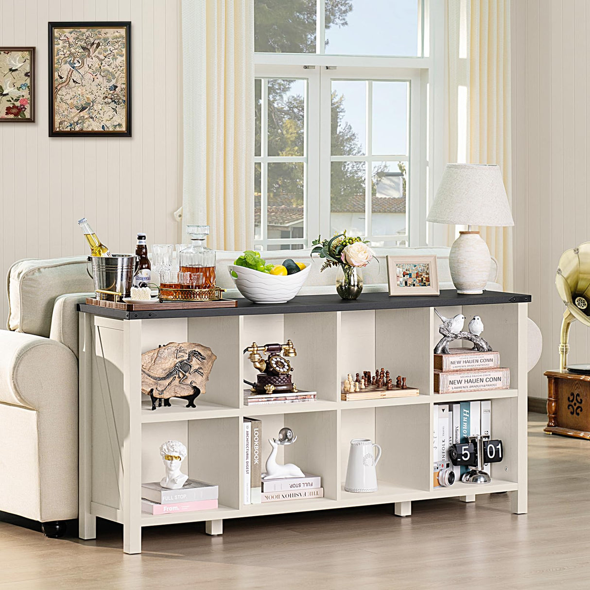 Joaxswe 8 Cube Book Shelf, Farmhouse Wood Long Storage Organizer Bookcase, 62" Horizontal Antique White & Black Console Bookshelf, Kids Toy Storage Cabinet, Modern Open Book Case for Playroom, Office Joaxswe