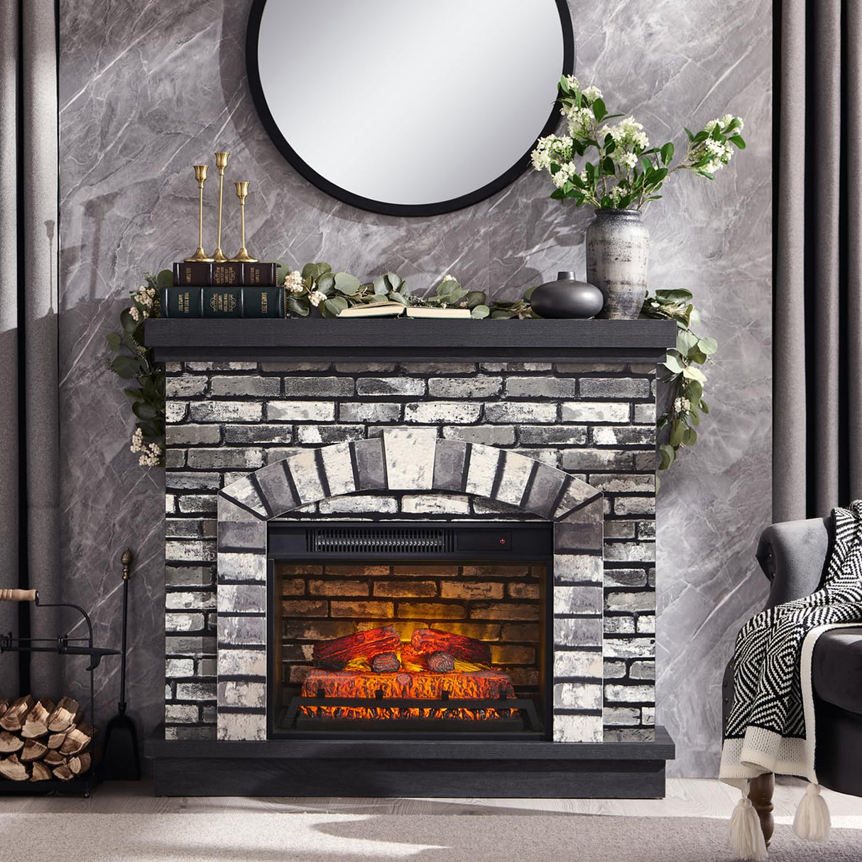 IFBUY Farmhouse Electric Fireplace with Mantel, 42" Fireplace TV Stand w/23'' Freestanding Electric Fireplace Heater, Remote Control, Adjustable 3D Realistic Flame Level for Living Room, Light Grey IFBUY