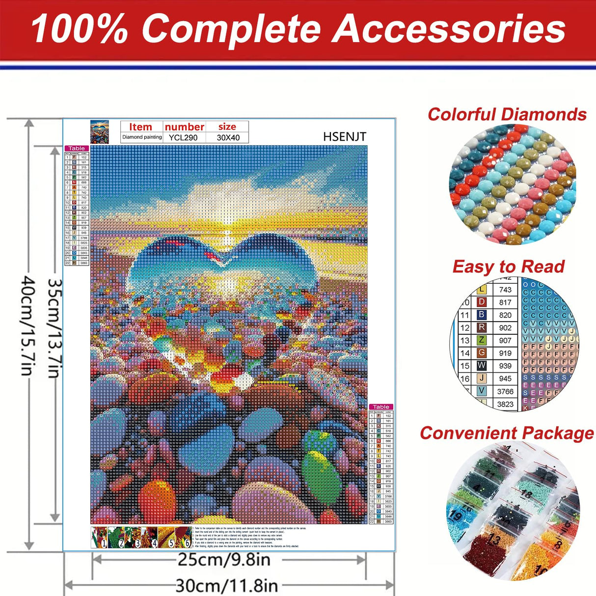 HSENJT 5D Diamond Painting Kits Beach Love for Adults Beginners,Sea Stone DIY Diamond Art,Love Heart Stone Paint with Round Diamonds for Home Wall Decor Gift(30x40cm/11.8X15.7Inch) HSENJT