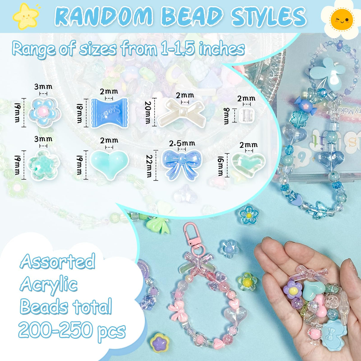 JoyJellies Assorted Beads Bracelet Making Kit, 260+Pcs Charms Keychain Making Kit with String Key Ring Clips Cute Bow Heart Acrylic Beads for Bracelets DIY Arts and Crafts Girls Jewelry Making JoyJellies