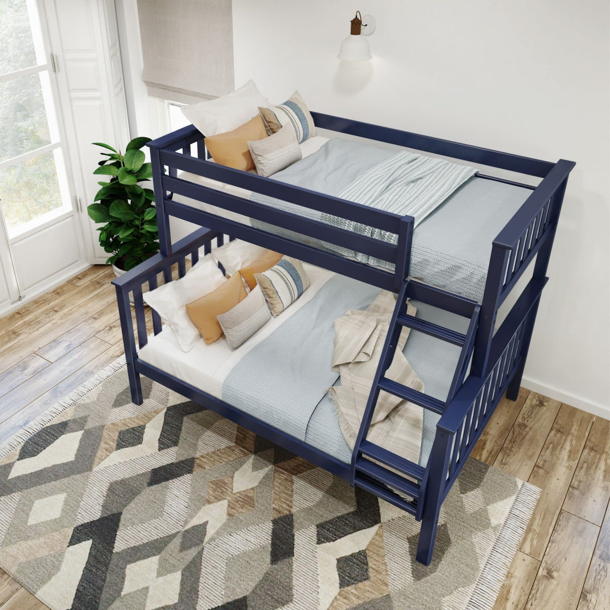 Plank+Beam Classic Wooden Bunk Bed Twin Over Full Size, Platform Bed Frame with Bunk Bed Ladder and Wood Slats for Adult, Space Saving Bed, Easy to Assemble, No Box Spring Needed, Blue Plank+Beam
